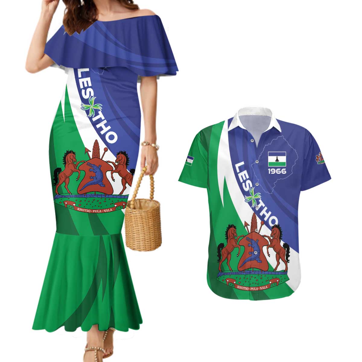 Lesotho 1966 Unique Couples Matching Mermaid Dress and Hawaiian Shirt Spiral Aloe Coat of Arms - Wonder Print Shop