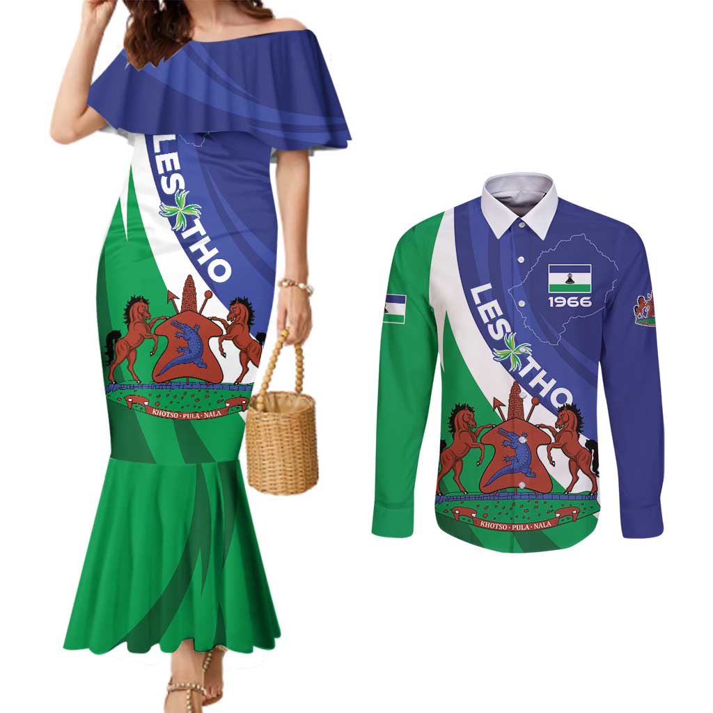 Lesotho 1966 Unique Couples Matching Mermaid Dress and Long Sleeve Button Shirt Spiral Aloe Coat of Arms
