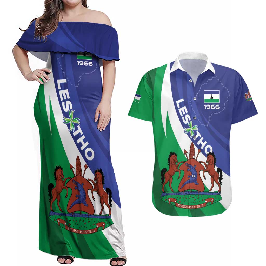 Lesotho 1966 Unique Couples Matching Off Shoulder Maxi Dress and Hawaiian Shirt Spiral Aloe Coat of Arms - Wonder Print Shop