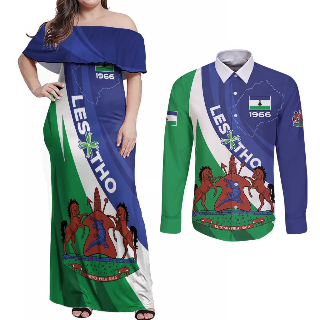 Lesotho 1966 Unique Couples Matching Off Shoulder Maxi Dress and Long Sleeve Button Shirt Spiral Aloe Coat of Arms - Wonder Print Shop