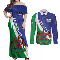 Lesotho 1966 Unique Couples Matching Off Shoulder Maxi Dress and Long Sleeve Button Shirt Spiral Aloe Coat of Arms - Wonder Print Shop