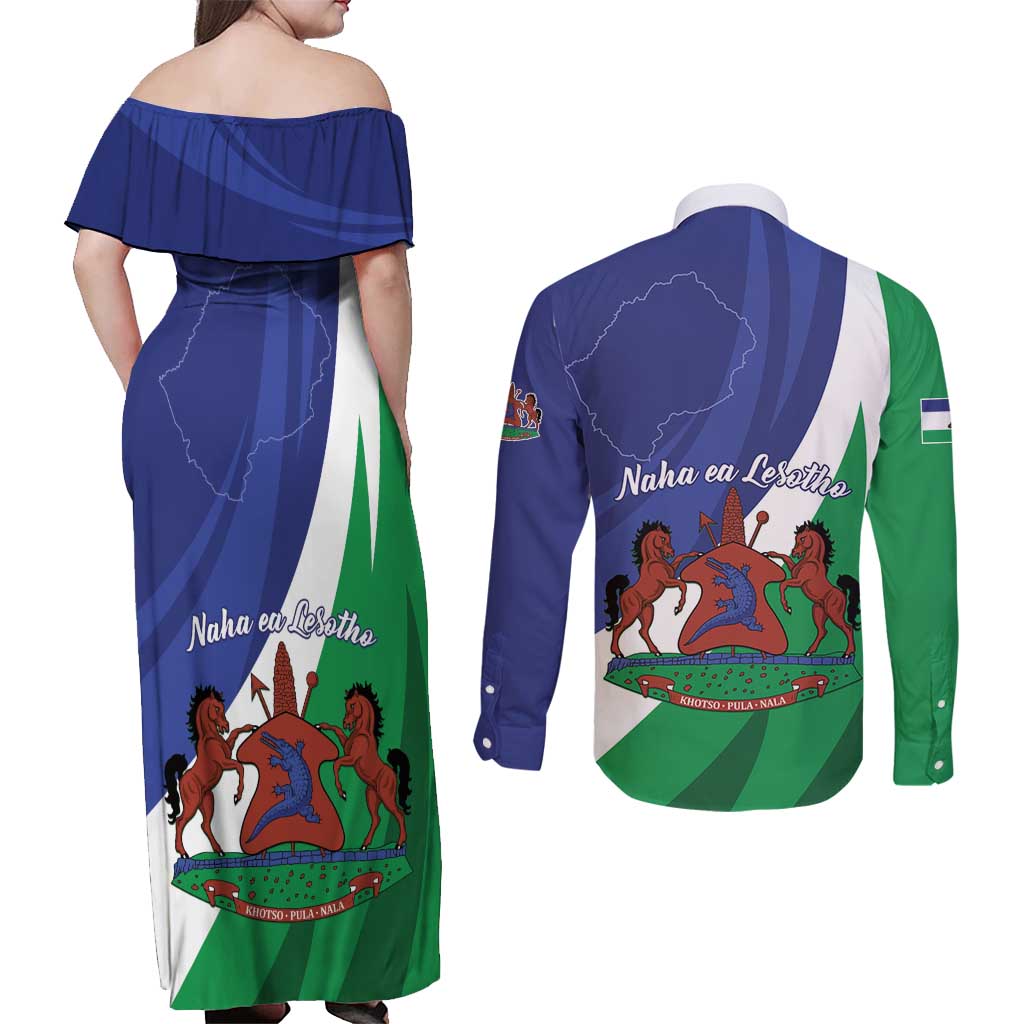 Lesotho 1966 Unique Couples Matching Off Shoulder Maxi Dress and Long Sleeve Button Shirt Spiral Aloe Coat of Arms - Wonder Print Shop