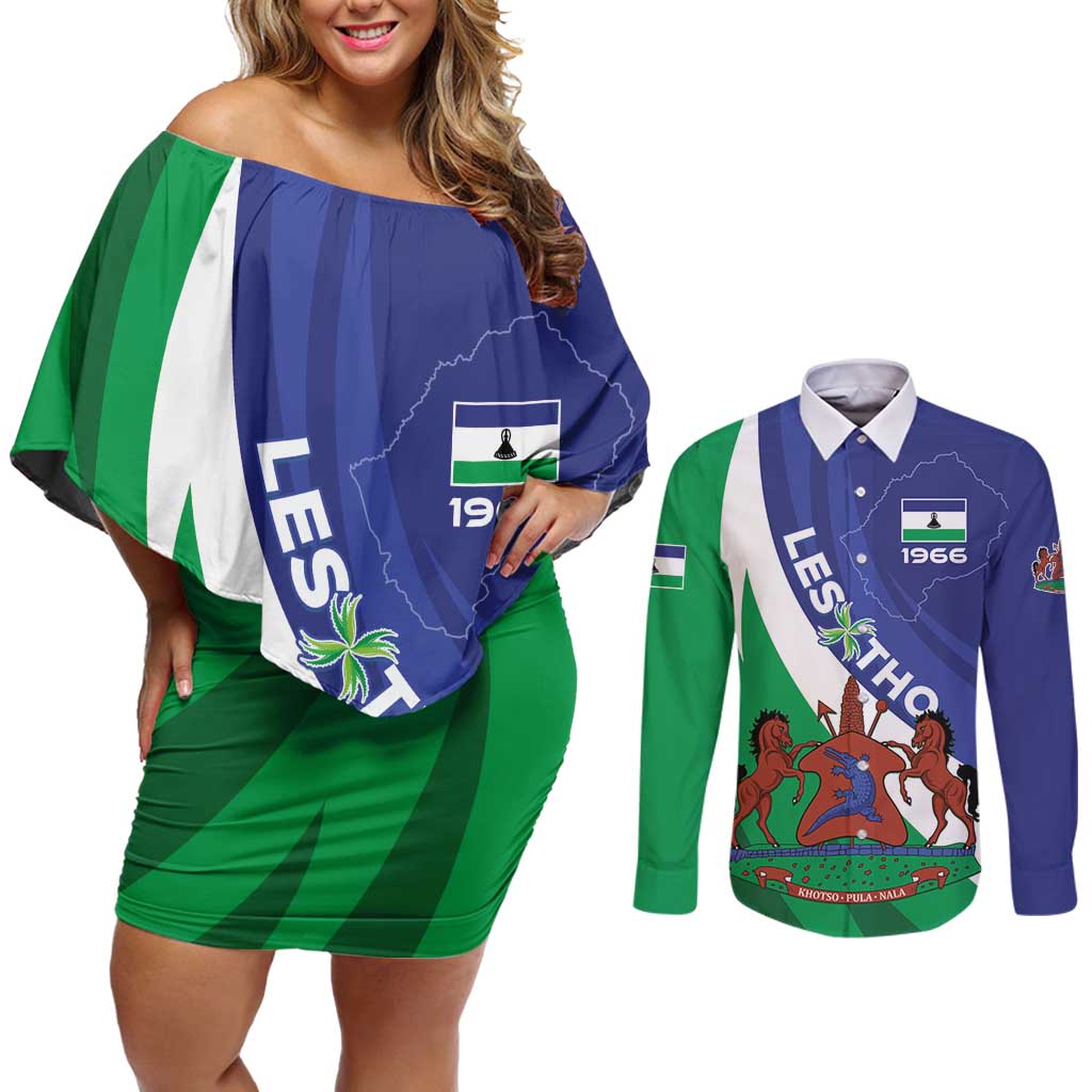 Lesotho 1966 Unique Couples Matching Off Shoulder Short Dress and Long Sleeve Button Shirt Spiral Aloe Coat of Arms - Wonder Print Shop