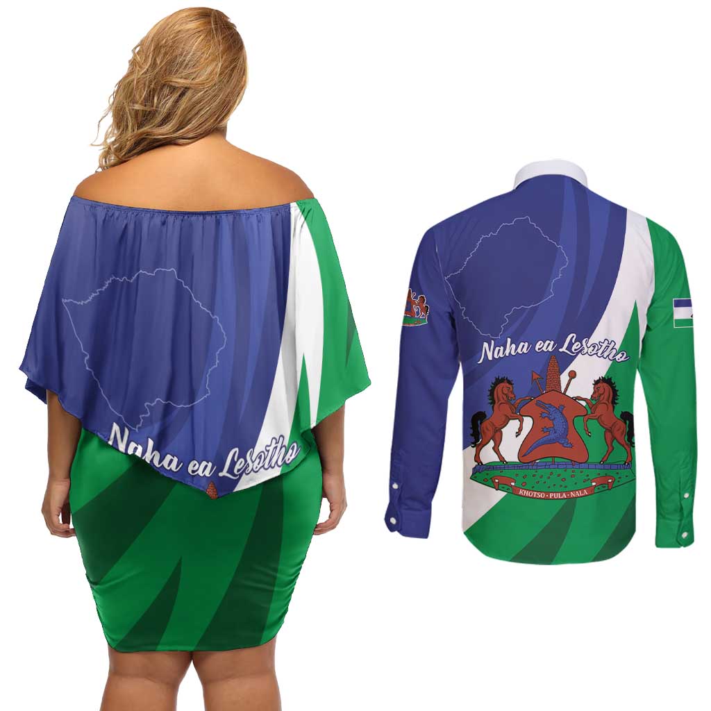 Lesotho 1966 Unique Couples Matching Off Shoulder Short Dress and Long Sleeve Button Shirt Spiral Aloe Coat of Arms - Wonder Print Shop