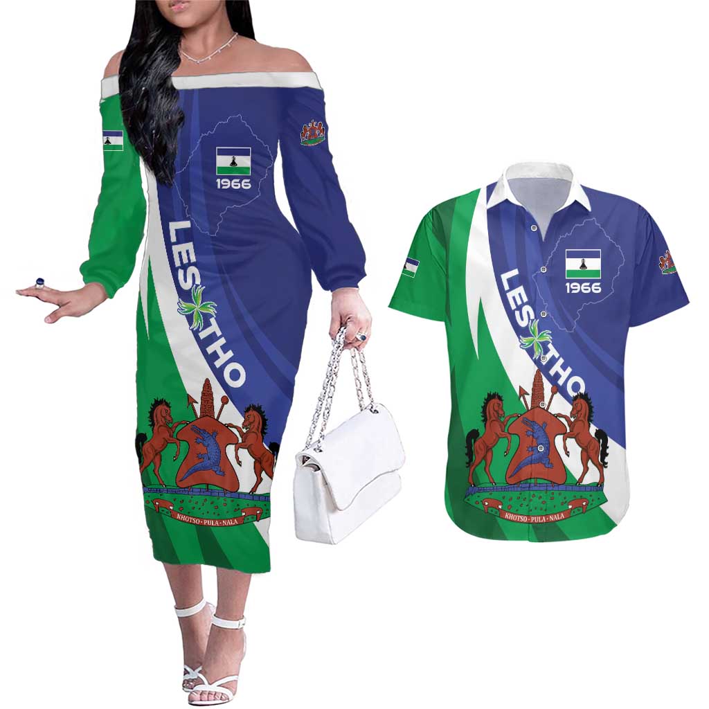 Lesotho 1966 Unique Couples Matching Off The Shoulder Long Sleeve Dress and Hawaiian Shirt Spiral Aloe Coat of Arms - Wonder Print Shop