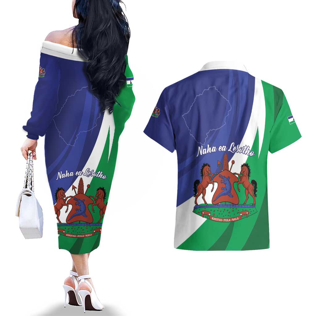 Lesotho 1966 Unique Couples Matching Off The Shoulder Long Sleeve Dress and Hawaiian Shirt Spiral Aloe Coat of Arms - Wonder Print Shop