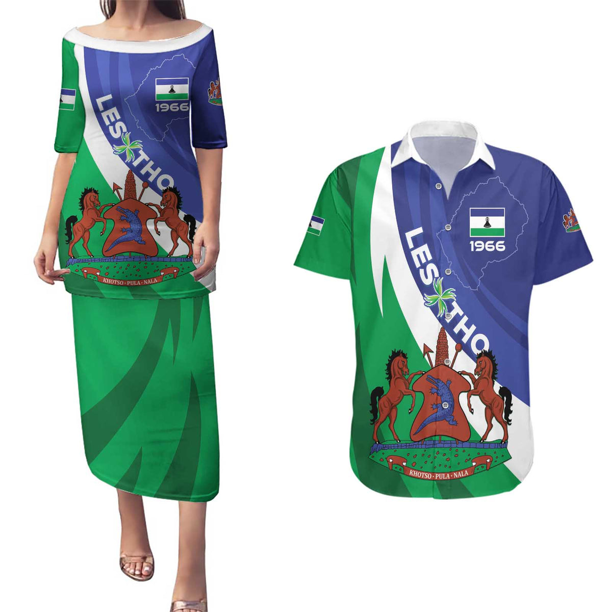 Lesotho 1966 Unique Couples Matching Puletasi and Hawaiian Shirt Spiral Aloe Coat of Arms - Wonder Print Shop