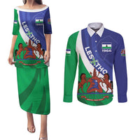 Lesotho 1966 Unique Couples Matching Puletasi and Long Sleeve Button Shirt Spiral Aloe Coat of Arms - Wonder Print Shop