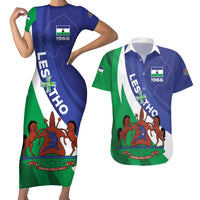 Lesotho 1966 Unique Couples Matching Short Sleeve Bodycon Dress and Hawaiian Shirt Spiral Aloe Coat of Arms - Wonder Print Shop