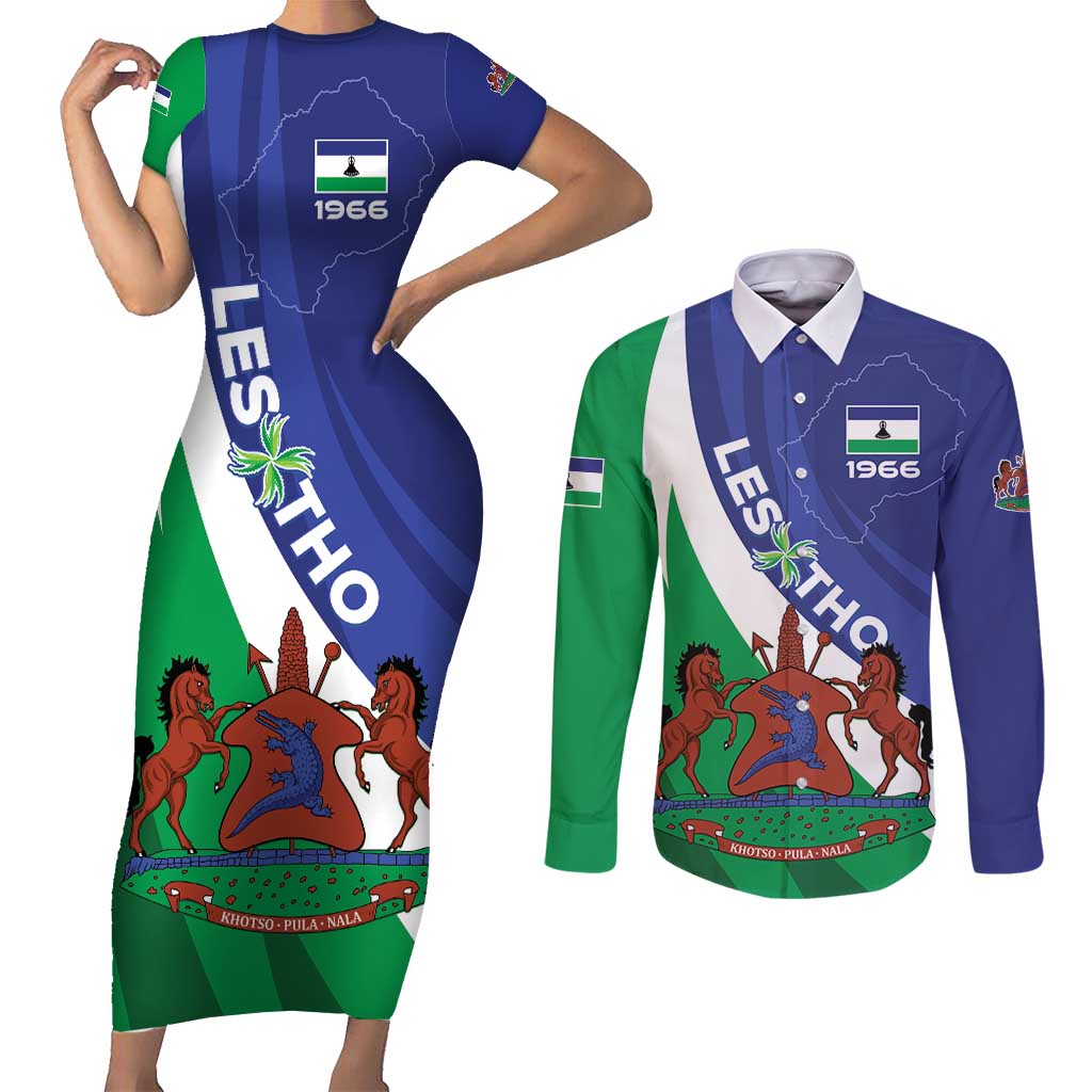 Lesotho 1966 Unique Couples Matching Short Sleeve Bodycon Dress and Long Sleeve Button Shirt Spiral Aloe Coat of Arms - Wonder Print Shop