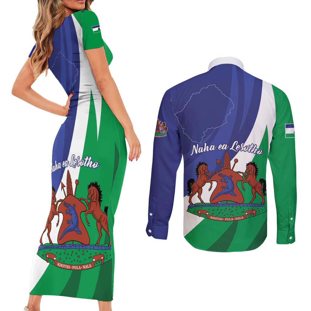 Lesotho 1966 Unique Couples Matching Short Sleeve Bodycon Dress and Long Sleeve Button Shirt Spiral Aloe Coat of Arms - Wonder Print Shop