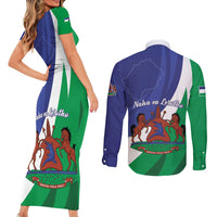 Lesotho 1966 Unique Couples Matching Short Sleeve Bodycon Dress and Long Sleeve Button Shirt Spiral Aloe Coat of Arms - Wonder Print Shop