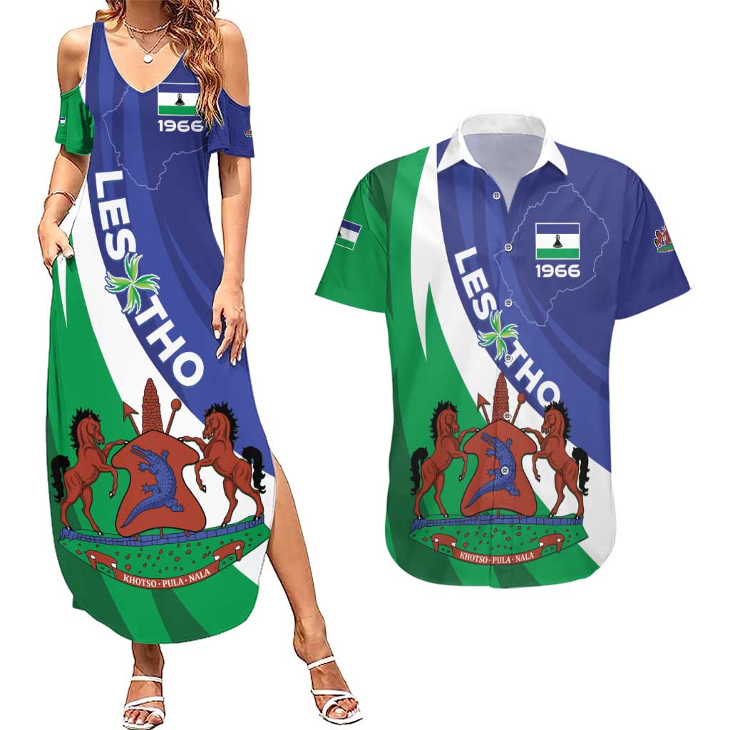 Lesotho 1966 Unique Couples Matching Summer Maxi Dress and Hawaiian Shirt Spiral Aloe Coat of Arms - Wonder Print Shop