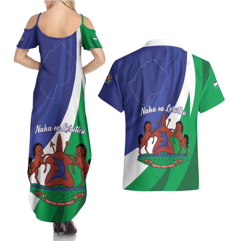 Lesotho 1966 Unique Couples Matching Summer Maxi Dress and Hawaiian Shirt Spiral Aloe Coat of Arms - Wonder Print Shop