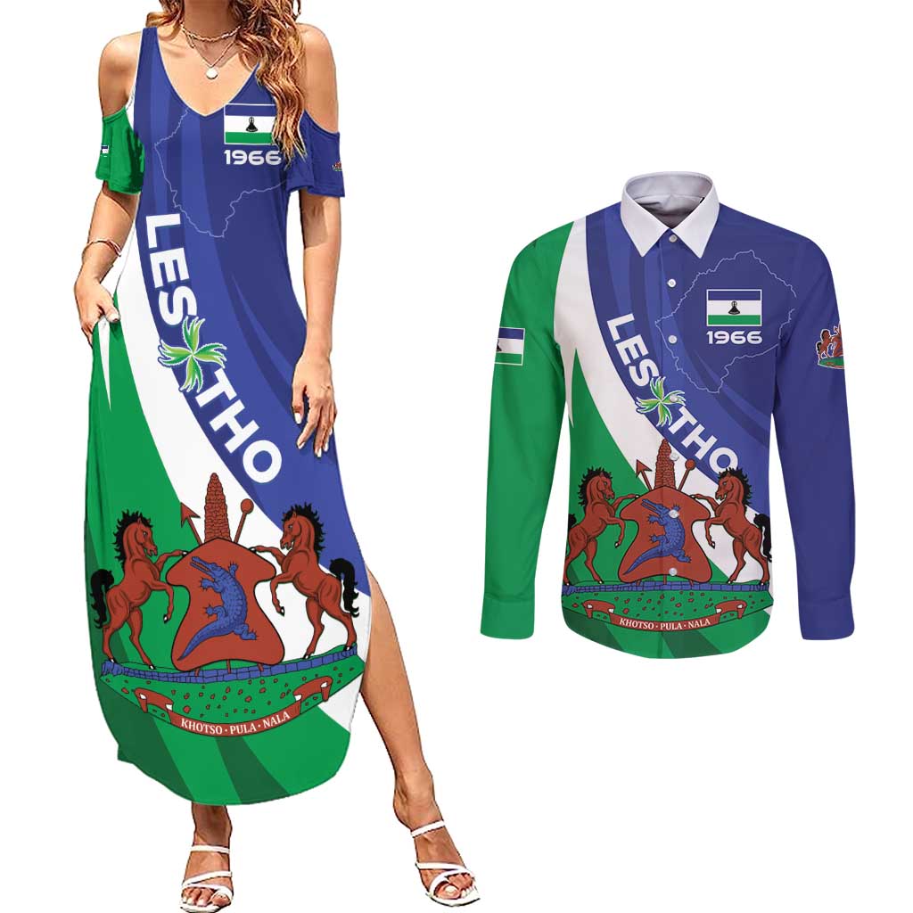 Lesotho 1966 Unique Couples Matching Summer Maxi Dress and Long Sleeve Button Shirt Spiral Aloe Coat of Arms - Wonder Print Shop
