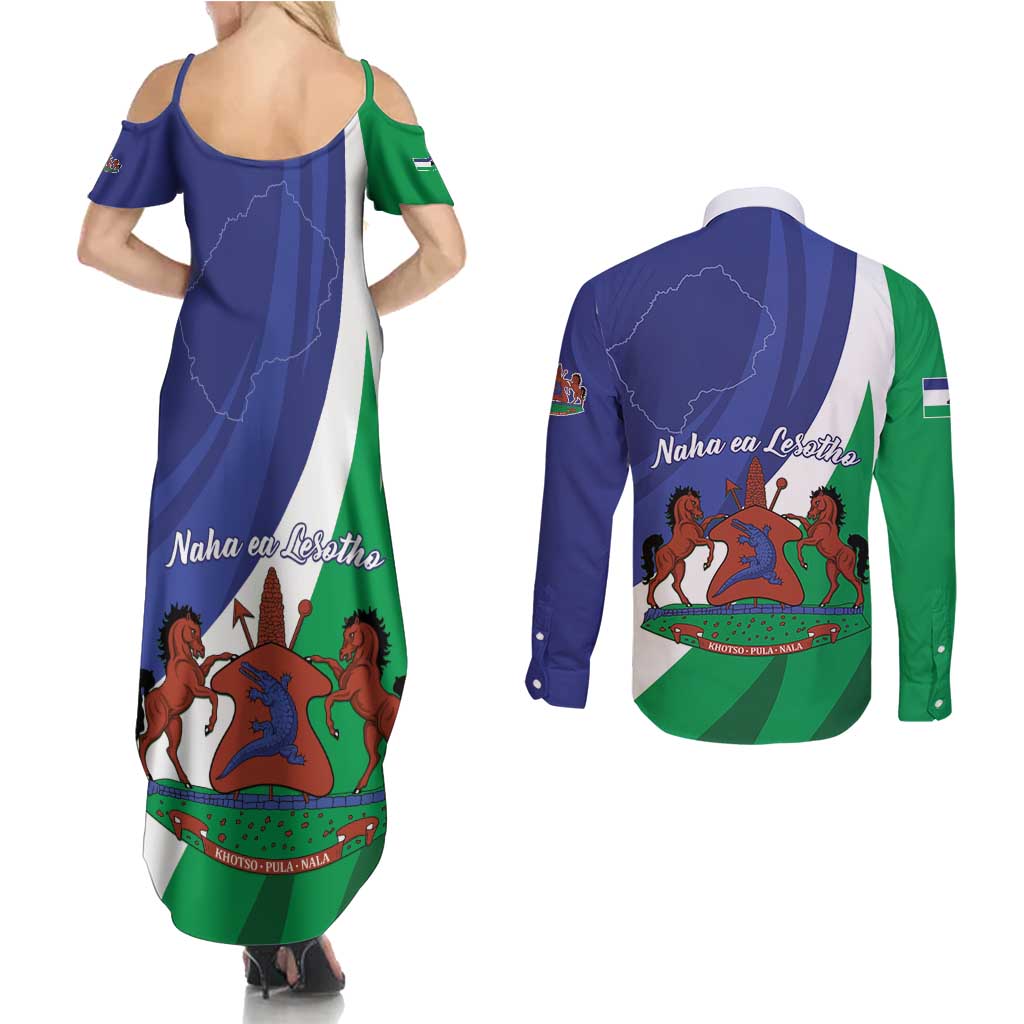 Lesotho 1966 Unique Couples Matching Summer Maxi Dress and Long Sleeve Button Shirt Spiral Aloe Coat of Arms - Wonder Print Shop