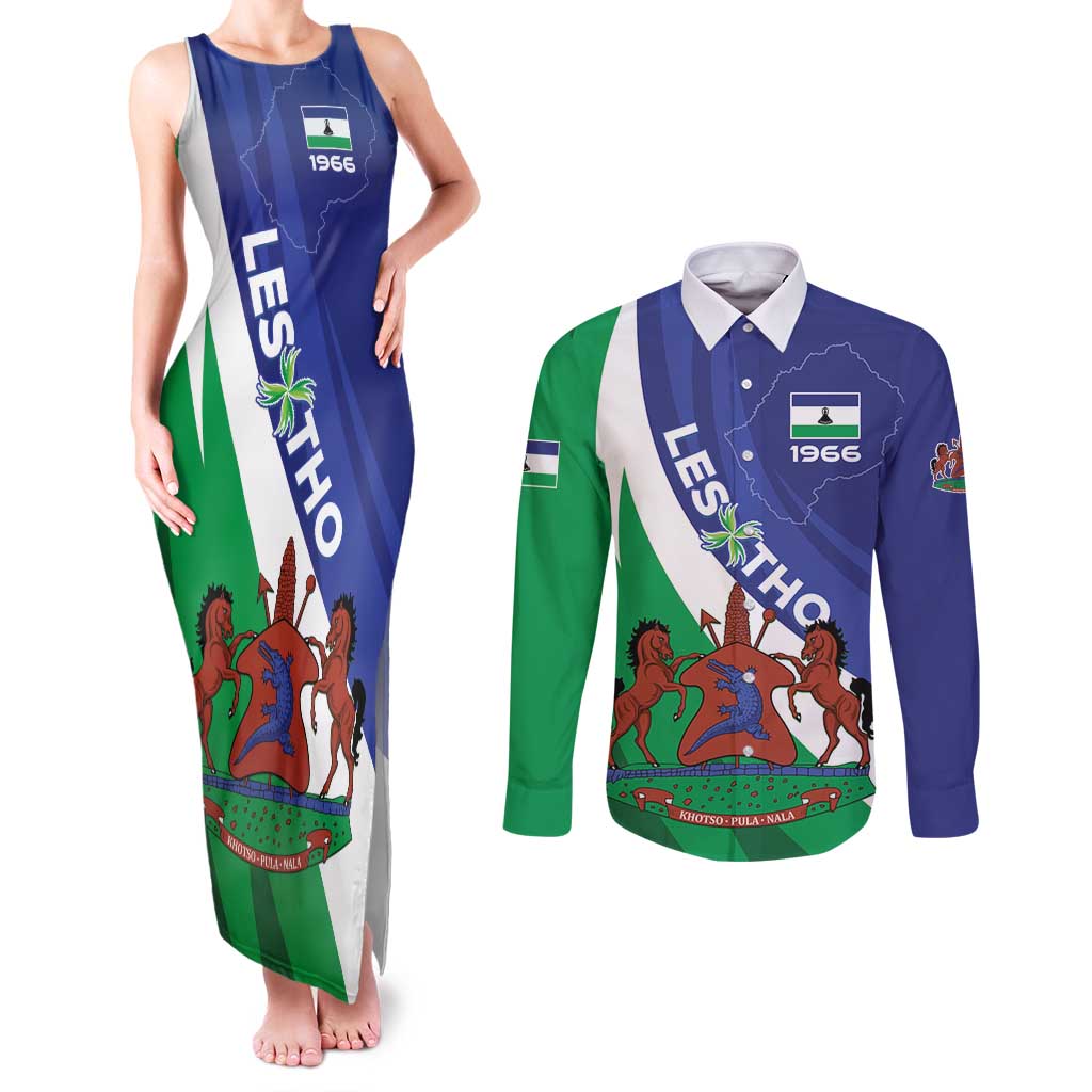 Lesotho 1966 Unique Couples Matching Tank Maxi Dress and Long Sleeve Button Shirt Spiral Aloe Coat of Arms - Wonder Print Shop