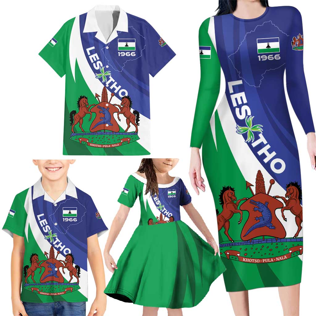 Lesotho 1966 Unique Family Matching Long Sleeve Bodycon Dress and Hawaiian Shirt Spiral Aloe Coat of Arms - Wonder Print Shop