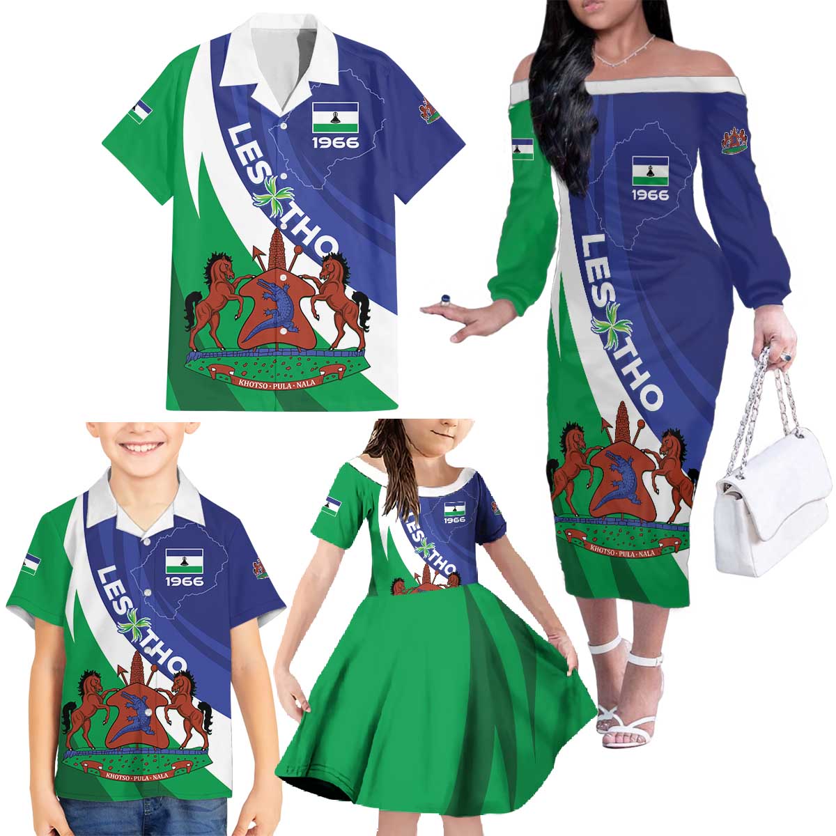 Lesotho 1966 Unique Family Matching Off The Shoulder Long Sleeve Dress and Hawaiian Shirt Spiral Aloe Coat of Arms - Wonder Print Shop