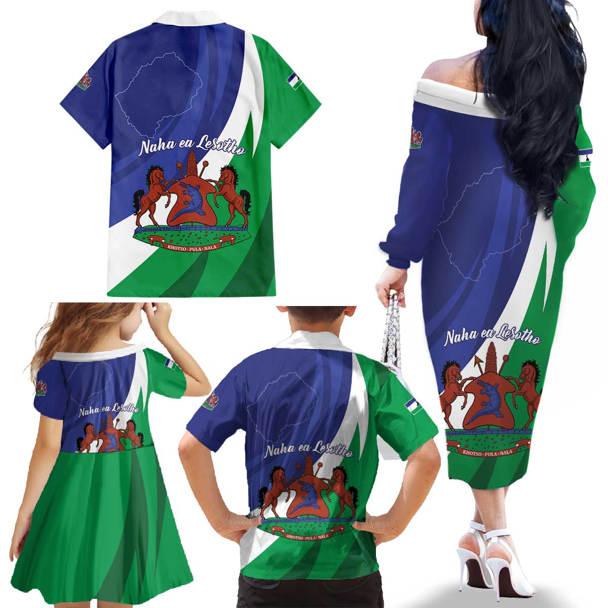 Lesotho 1966 Unique Family Matching Off The Shoulder Long Sleeve Dress and Hawaiian Shirt Spiral Aloe Coat of Arms - Wonder Print Shop