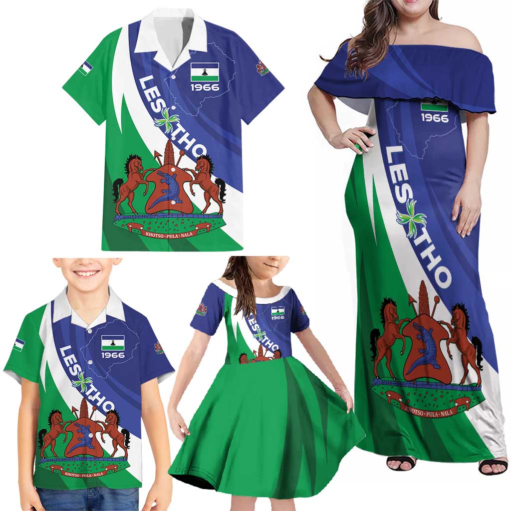 Lesotho 1966 Unique Family Matching Off Shoulder Maxi Dress and Hawaiian Shirt Spiral Aloe Coat of Arms - Wonder Print Shop