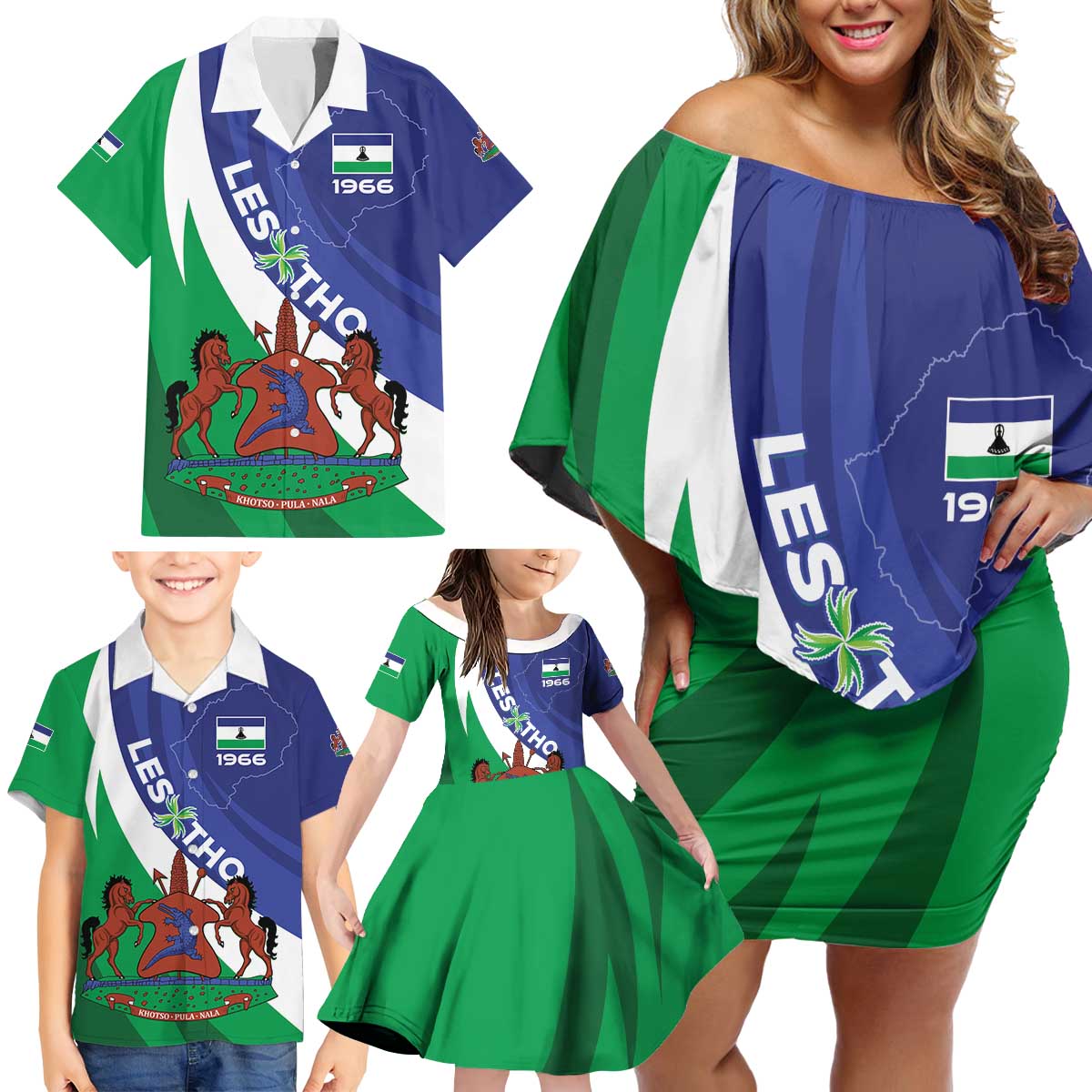 Lesotho 1966 Unique Family Matching Off Shoulder Short Dress and Hawaiian Shirt Spiral Aloe Coat of Arms - Wonder Print Shop