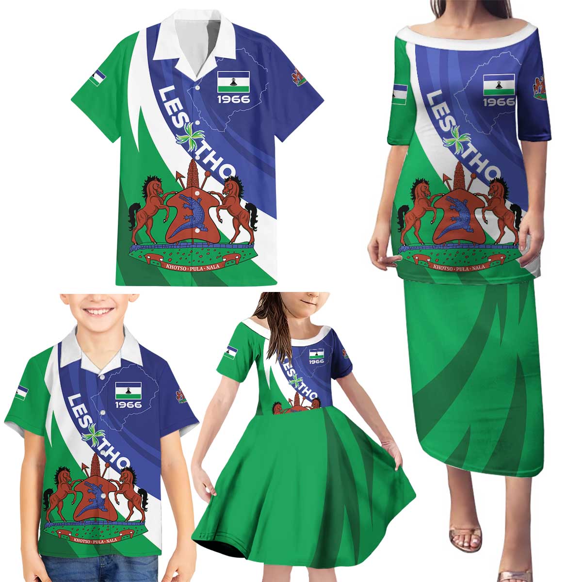 Lesotho 1966 Unique Family Matching Puletasi and Hawaiian Shirt Spiral Aloe Coat of Arms - Wonder Print Shop