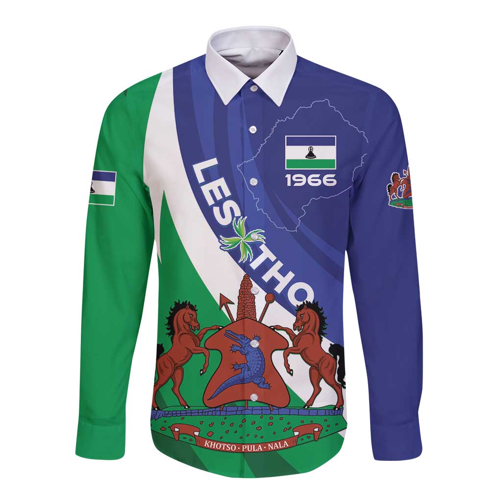 Lesotho 1966 Unique Long Sleeve Button Shirt Spiral Aloe Coat of Arms - Wonder Print Shop