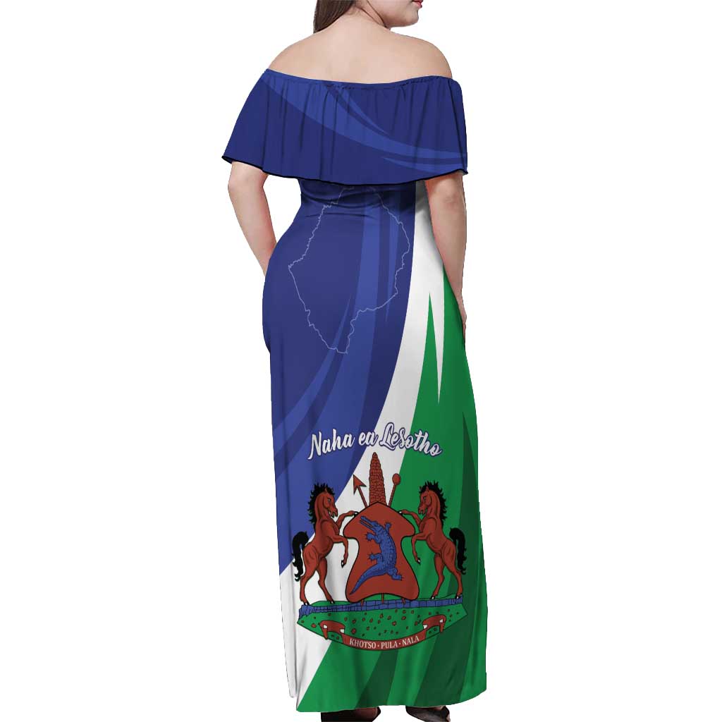 Lesotho 1966 Unique Off Shoulder Maxi Dress Spiral Aloe Coat of Arms - Wonder Print Shop