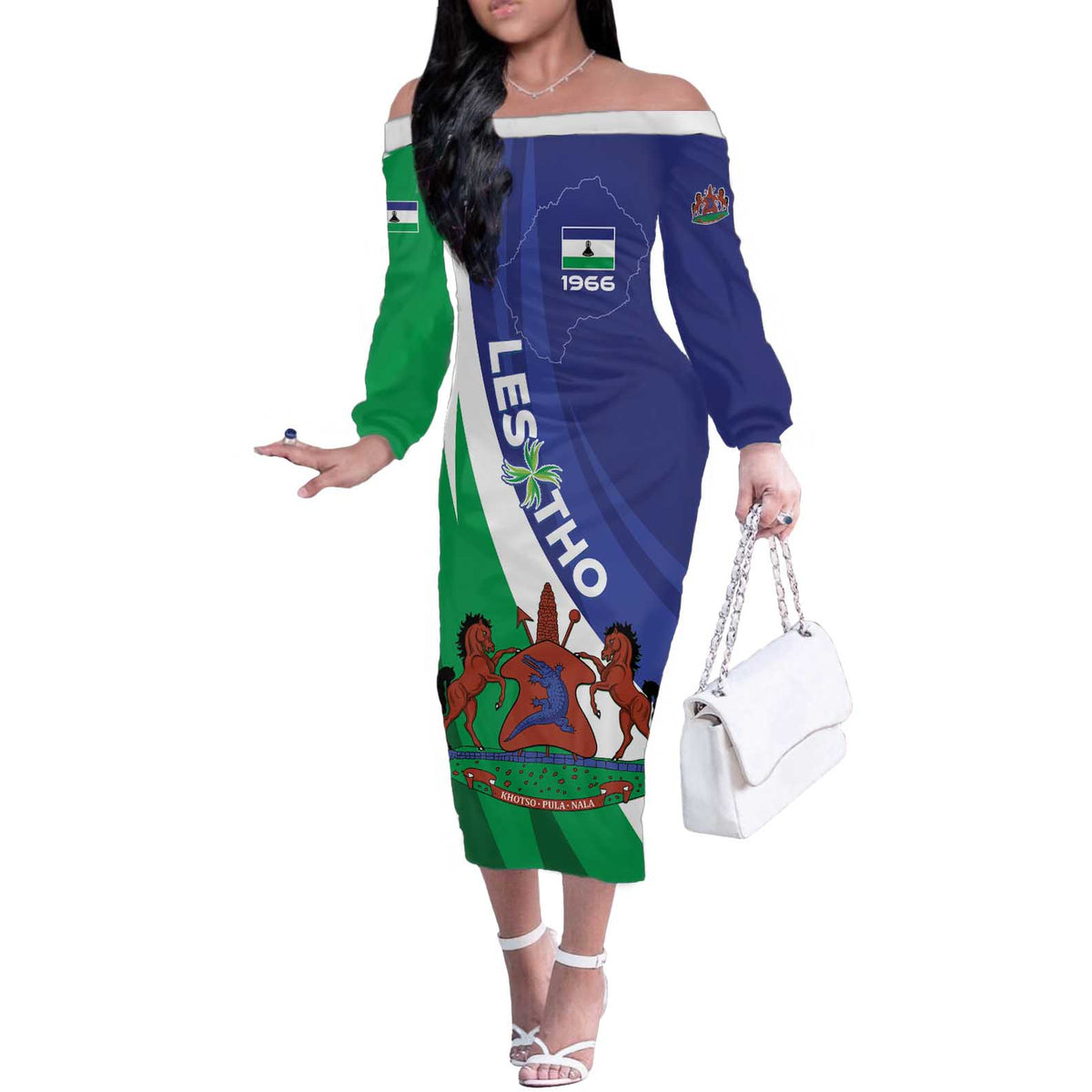 Lesotho 1966 Unique Off The Shoulder Long Sleeve Dress Spiral Aloe Coat of Arms - Wonder Print Shop