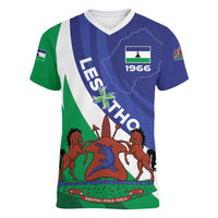 Lesotho 1966 Unique Women V-Neck T-Shirt Spiral Aloe Coat of Arms - Wonder Print Shop