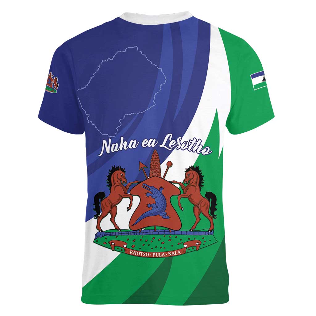 Lesotho 1966 Unique Women V-Neck T-Shirt Spiral Aloe Coat of Arms - Wonder Print Shop