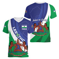 Lesotho 1966 Unique Women V-Neck T-Shirt Spiral Aloe Coat of Arms - Wonder Print Shop