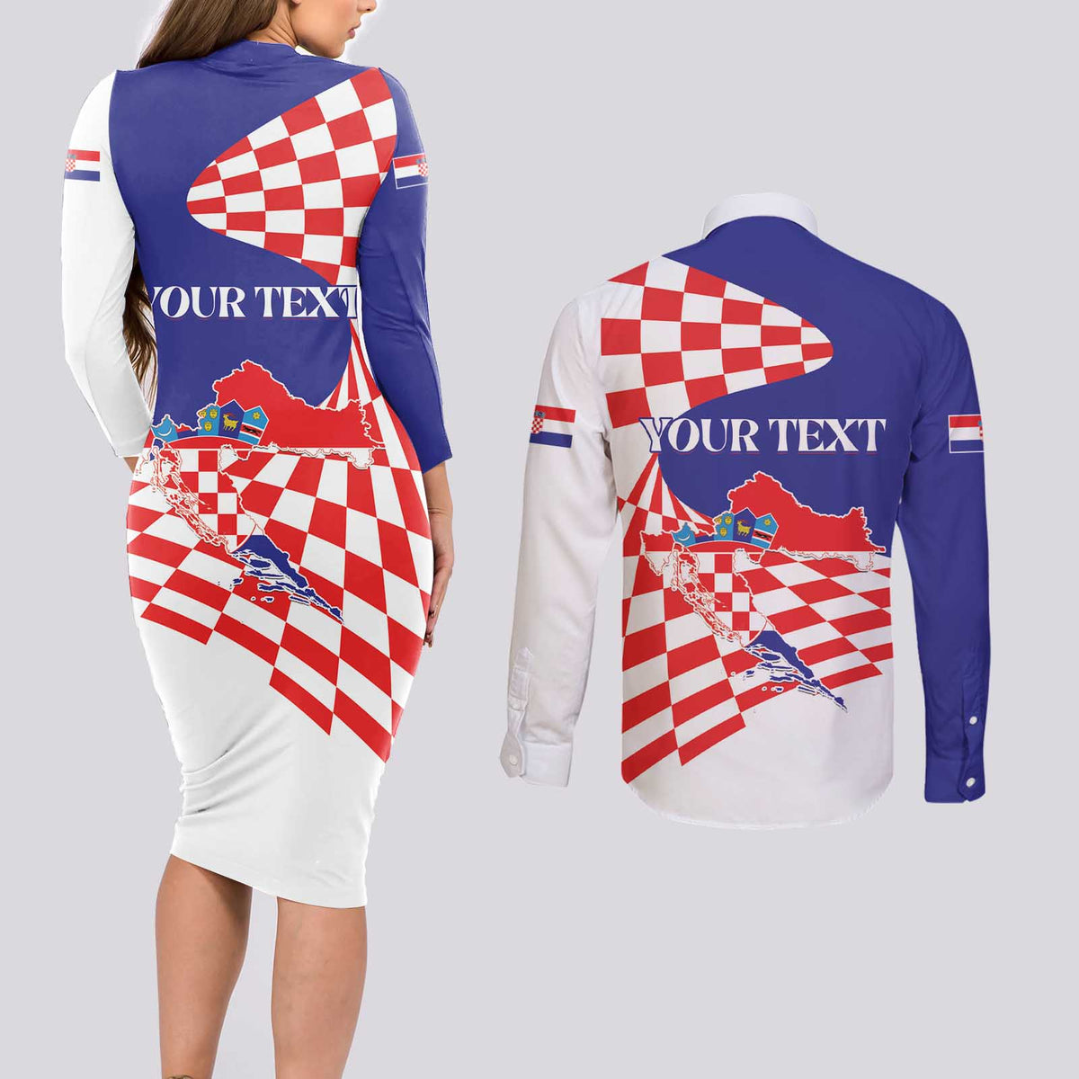 Personalized Croatia Independence Day 1991 Couples Matching Long Sleeve Bodycon Dress and Long Sleeve Button Shirt Sretan Dan neovisnosti Hrvatske - Wonder Print Shop