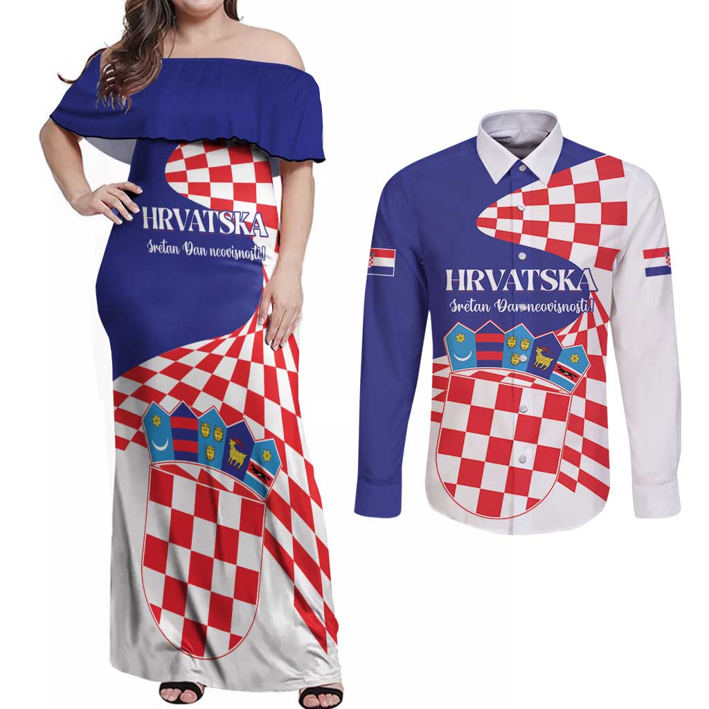 Personalized Croatia Independence Day 1991 Couples Matching Off Shoulder Maxi Dress and Long Sleeve Button Shirt Sretan Dan neovisnosti Hrvatske - Wonder Print Shop