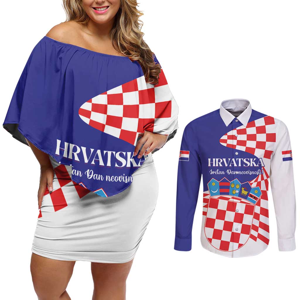 Personalized Croatia Independence Day 1991 Couples Matching Off Shoulder Short Dress and Long Sleeve Button Shirt Sretan Dan neovisnosti Hrvatske - Wonder Print Shop