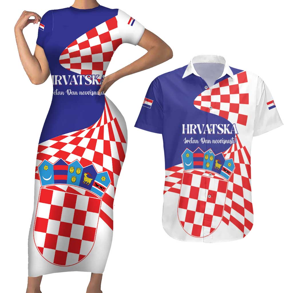 Personalized Croatia Independence Day 1991 Couples Matching Short Sleeve Bodycon Dress and Hawaiian Shirt Sretan Dan neovisnosti Hrvatske - Wonder Print Shop