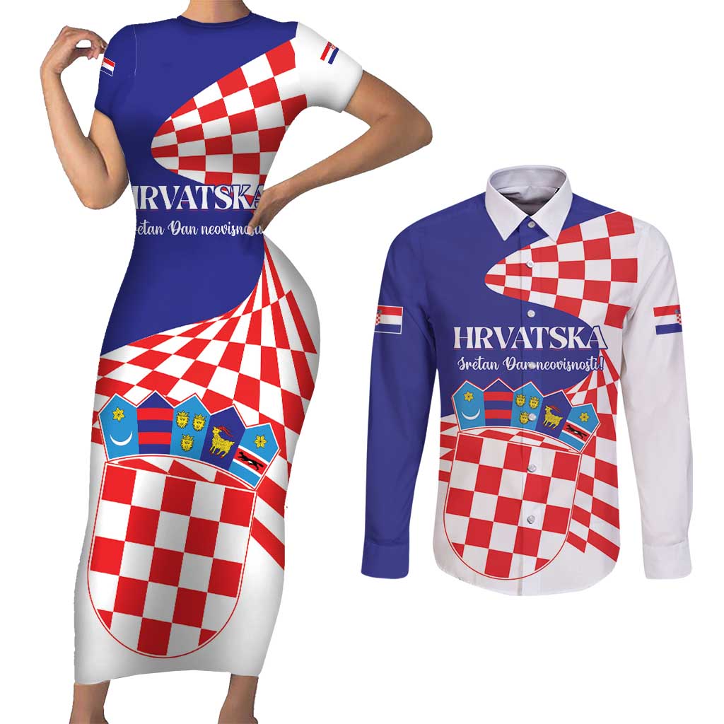 Personalized Croatia Independence Day 1991 Couples Matching Short Sleeve Bodycon Dress and Long Sleeve Button Shirt Sretan Dan neovisnosti Hrvatske - Wonder Print Shop