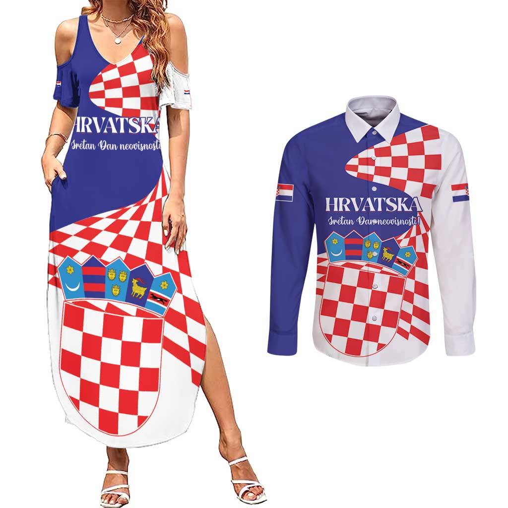 Personalized Croatia Independence Day 1991 Couples Matching Summer Maxi Dress and Long Sleeve Button Shirt Sretan Dan neovisnosti Hrvatske - Wonder Print Shop