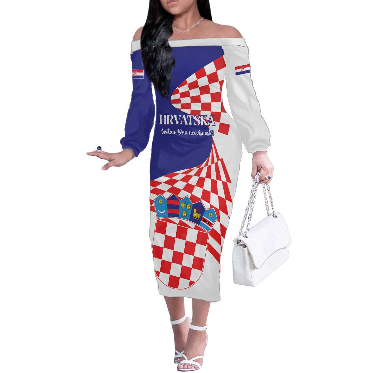 Personalized Croatia Independence Day 1991 Family Matching Off The Shoulder Long Sleeve Dress and Hawaiian Shirt Sretan Dan neovisnosti Hrvatske - Wonder Print Shop