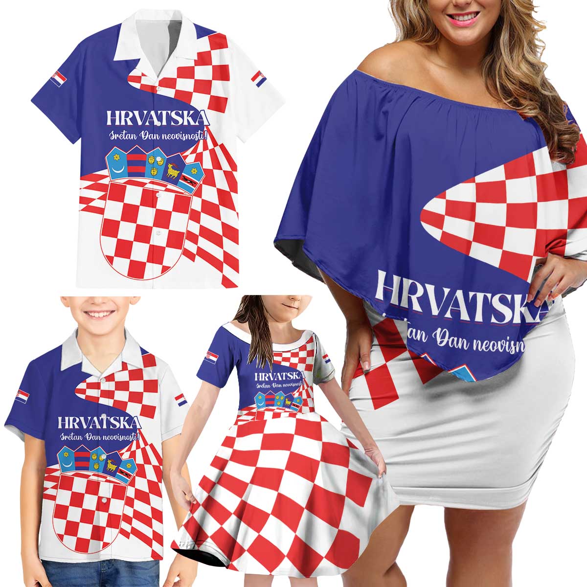 Personalized Croatia Independence Day 1991 Family Matching Off Shoulder Short Dress and Hawaiian Shirt Sretan Dan neovisnosti Hrvatske - Wonder Print Shop
