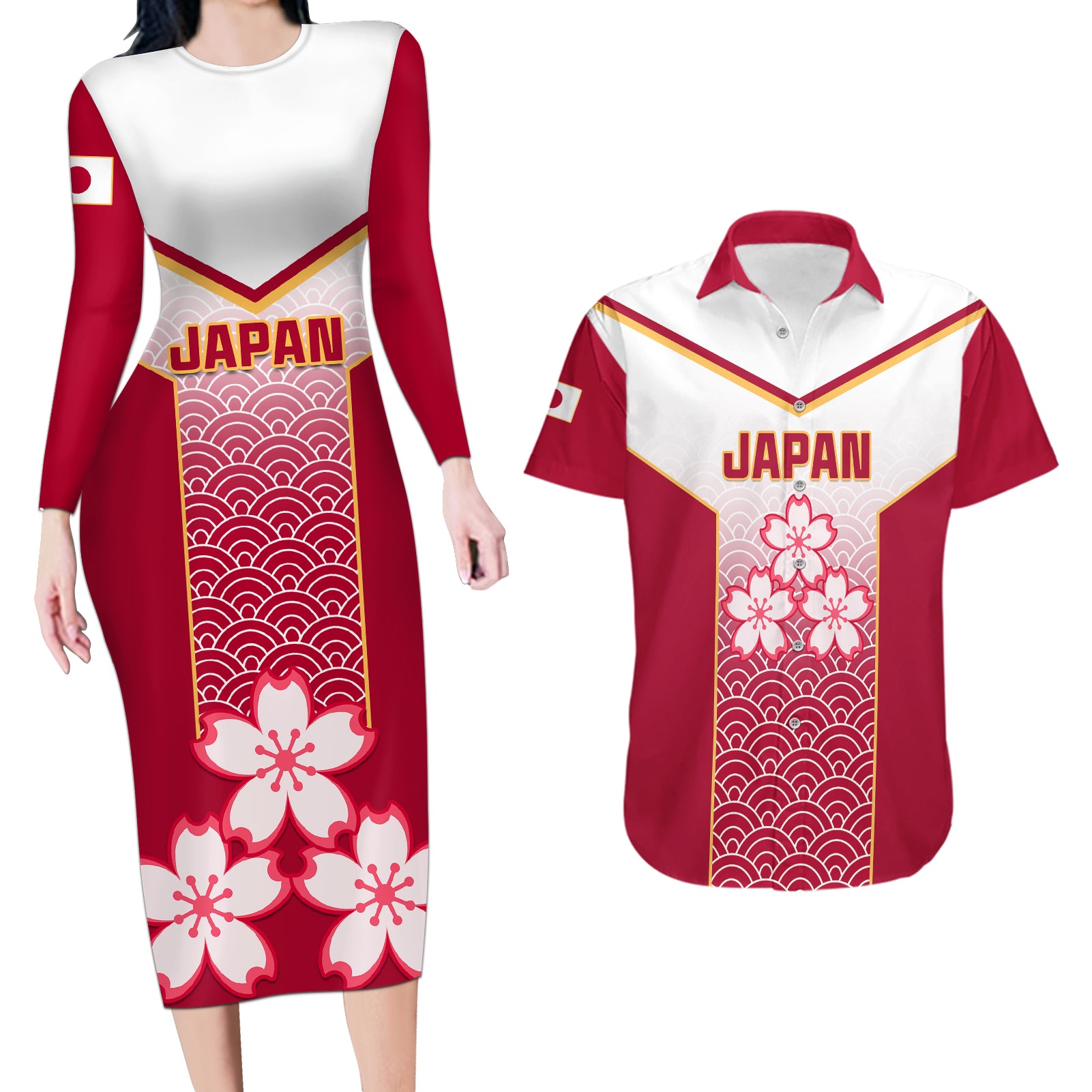 Japan Rugby Couples Matching Long Sleeve Bodycon Dress and Hawaiian Shirt Brave Blossoms Japanese Motif Pattern - Wonder Print Shop
