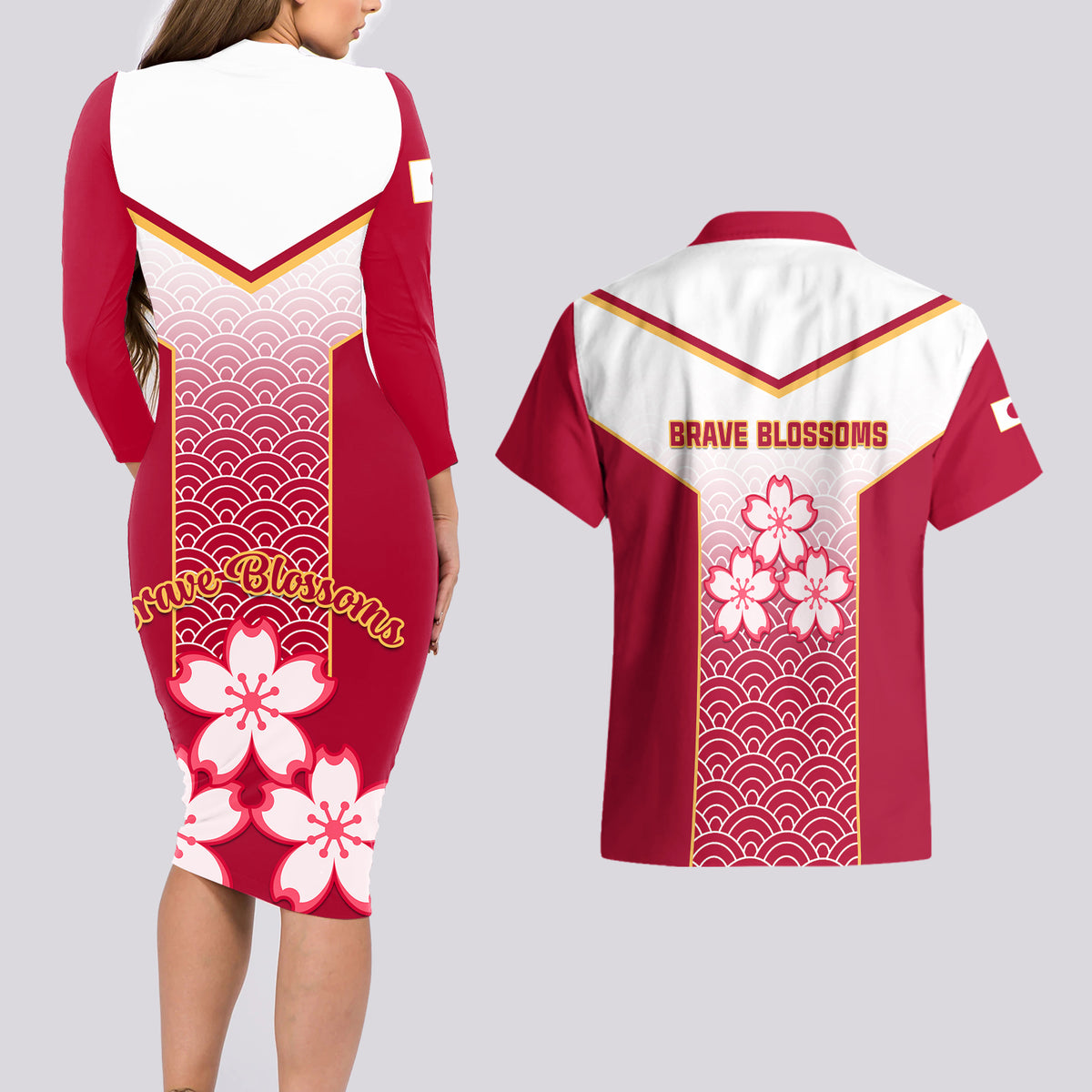 Japan Rugby Couples Matching Long Sleeve Bodycon Dress and Hawaiian Shirt Brave Blossoms Japanese Motif Pattern - Wonder Print Shop