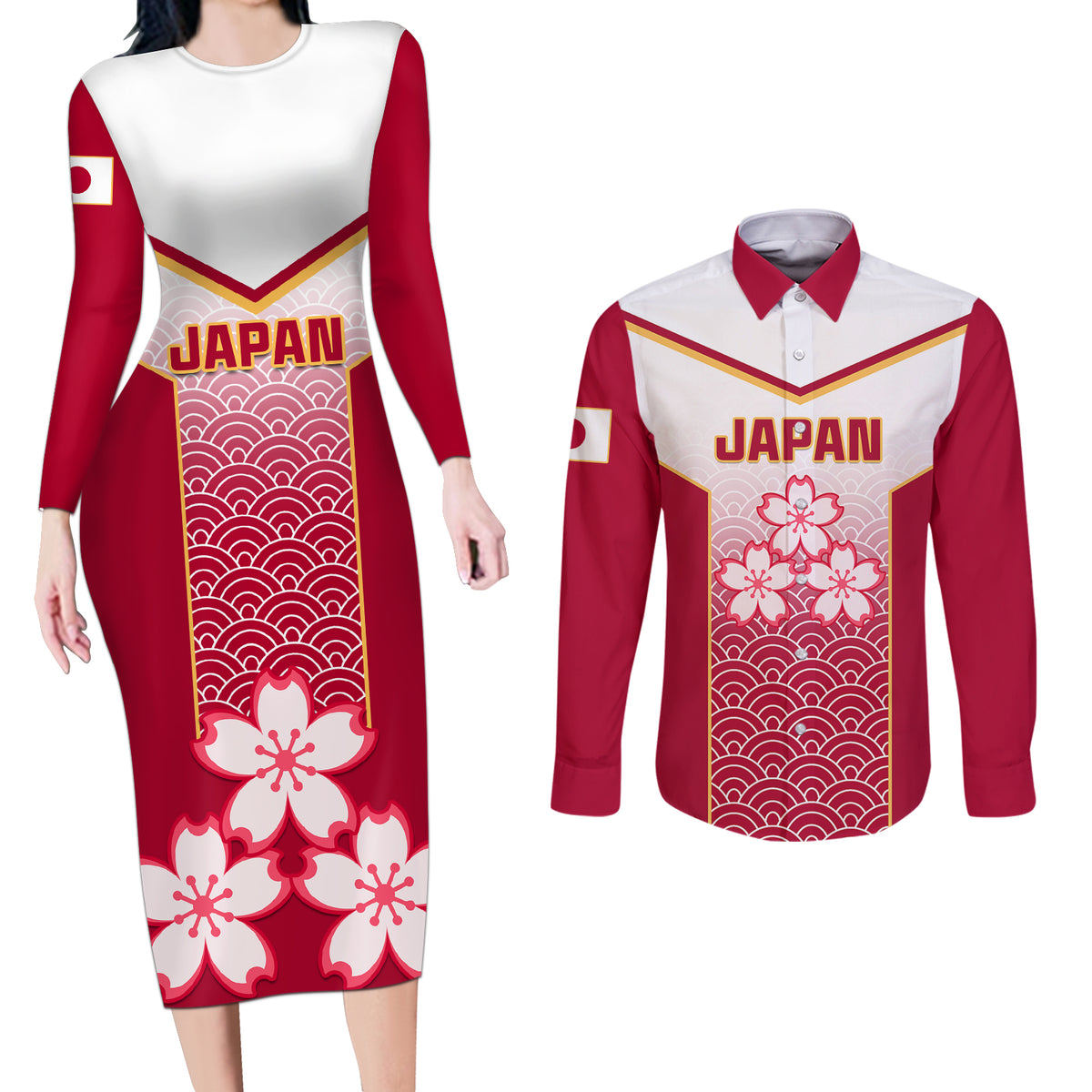 Japan Rugby Couples Matching Long Sleeve Bodycon Dress and Long Sleeve Button Shirts Brave Blossoms Japanese Motif Pattern - Wonder Print Shop