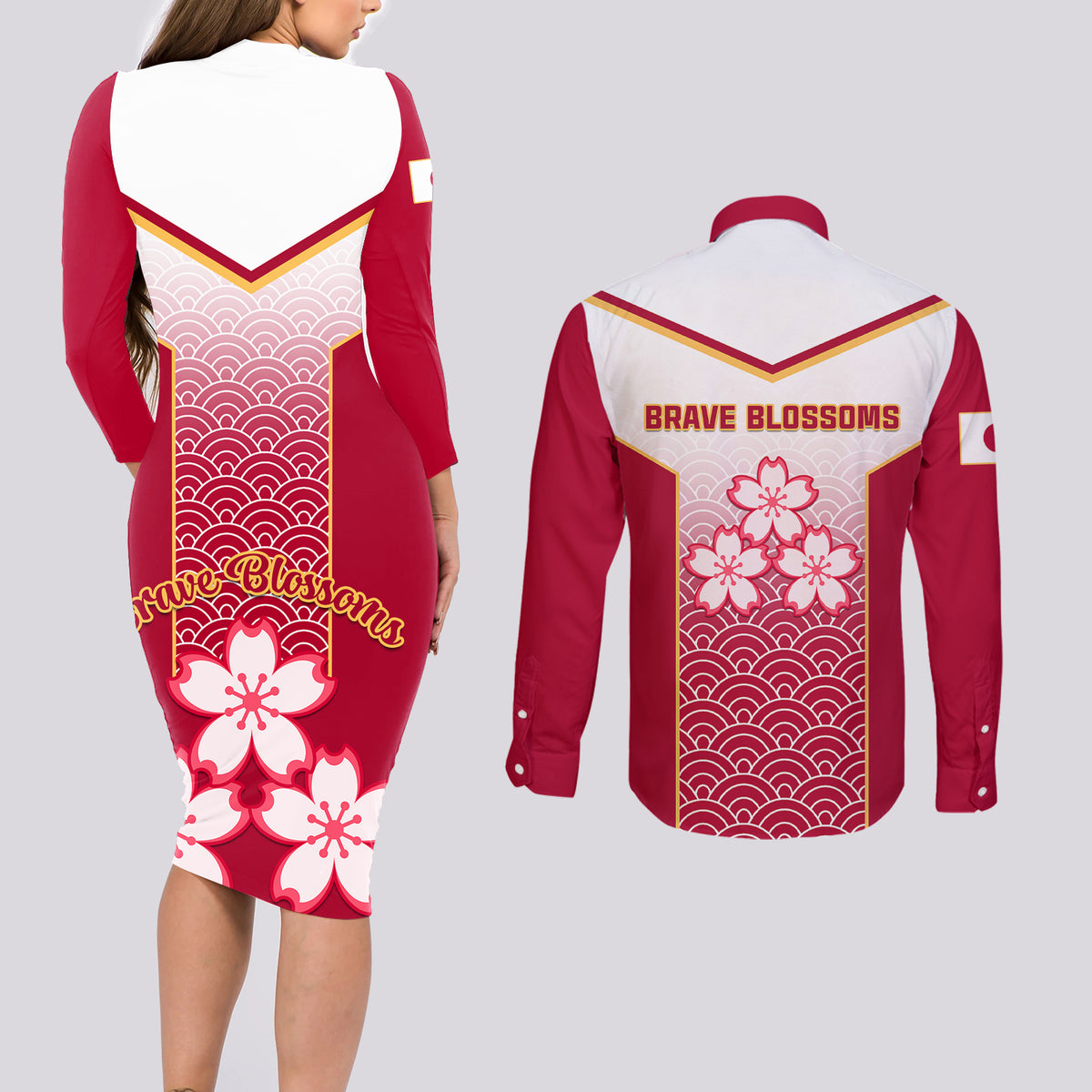 Japan Rugby Couples Matching Long Sleeve Bodycon Dress and Long Sleeve Button Shirts Brave Blossoms Japanese Motif Pattern - Wonder Print Shop
