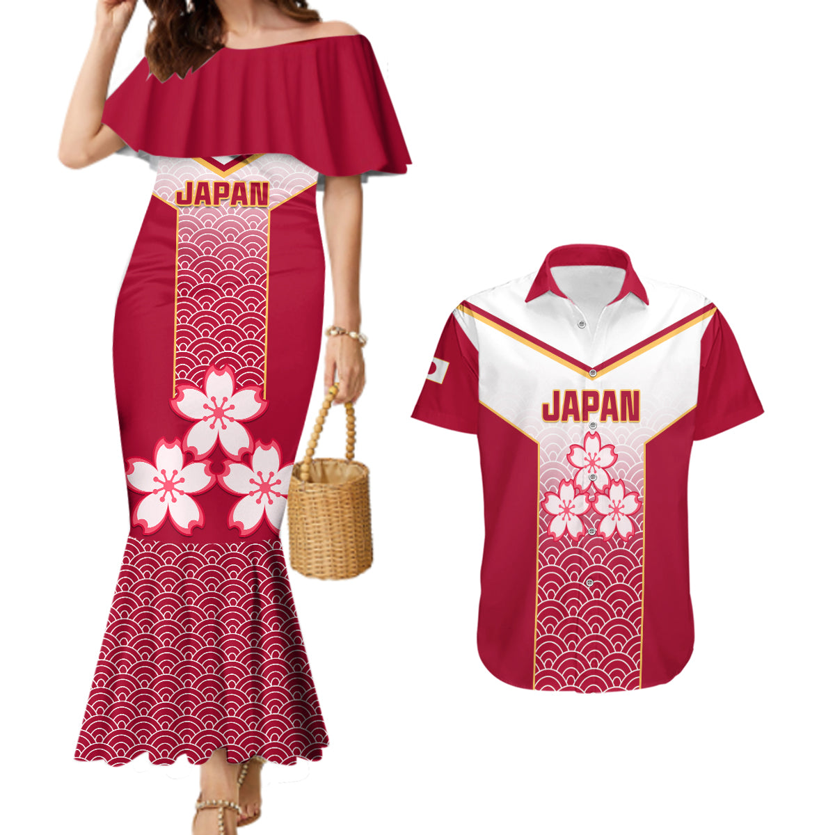 Japan Rugby Couples Matching Mermaid Dress and Hawaiian Shirt Brave Blossoms Japanese Motif Pattern - Wonder Print Shop