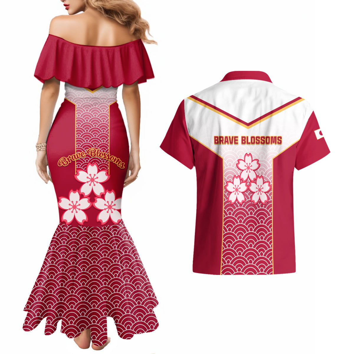 Japan Rugby Couples Matching Mermaid Dress and Hawaiian Shirt Brave Blossoms Japanese Motif Pattern - Wonder Print Shop