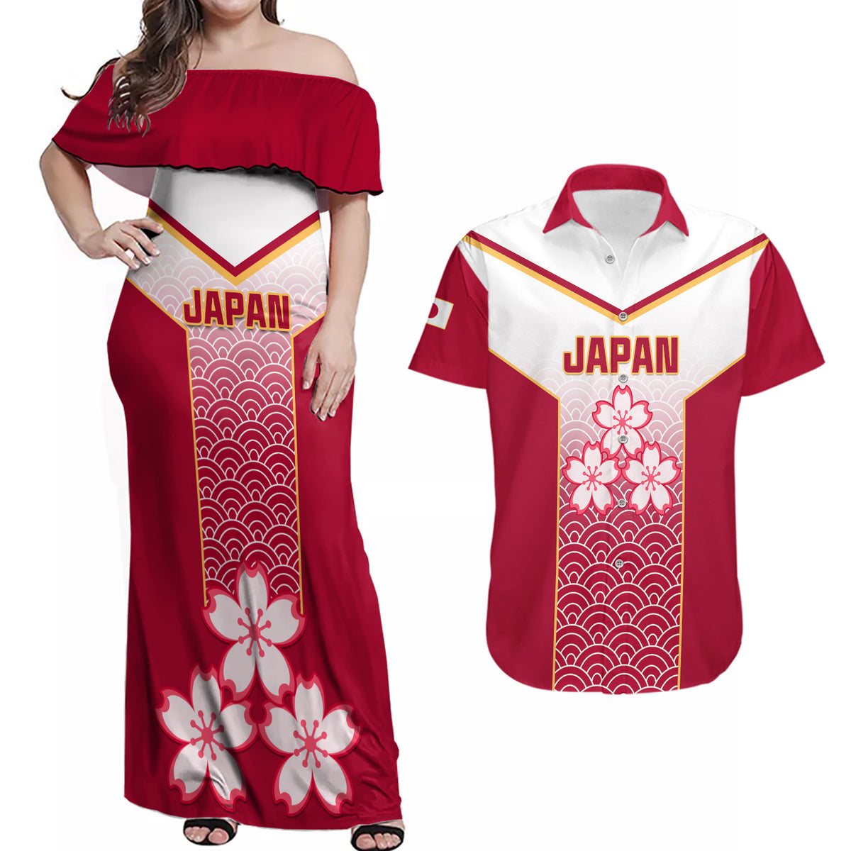 Japan Rugby Couples Matching Off Shoulder Maxi Dress and Hawaiian Shirt Brave Blossoms Japanese Motif Pattern - Wonder Print Shop