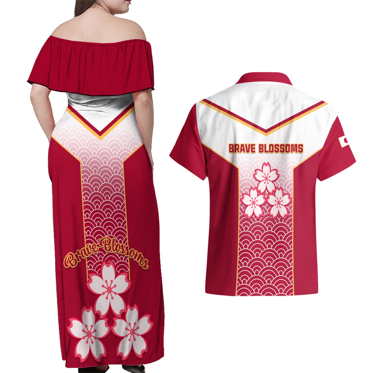 Japan Rugby Couples Matching Off Shoulder Maxi Dress and Hawaiian Shirt Brave Blossoms Japanese Motif Pattern - Wonder Print Shop