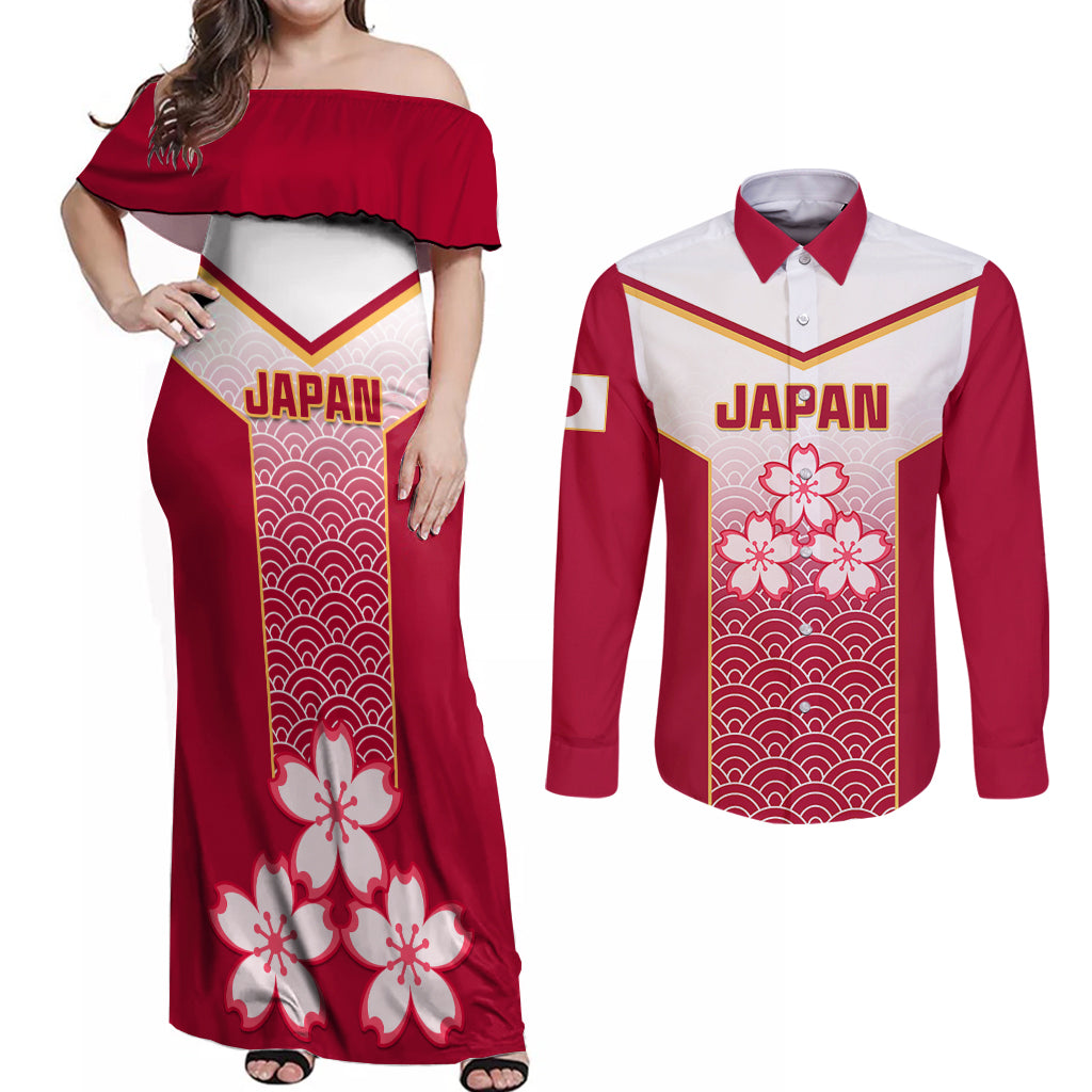 Japan Rugby Couples Matching Off Shoulder Maxi Dress and Long Sleeve Button Shirts Brave Blossoms Japanese Motif Pattern - Wonder Print Shop